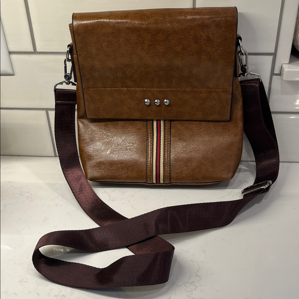 Pretty Simple Chic Brown Crossbody Bag with Striped Detail- new
